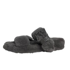 Ugg Fuzz Yeah Slippers Gray Shearling Fuzzy Slide Big Buckle Sandals Women  s 9