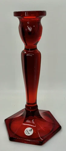Vintage Fenton Ruby Red 8.5” Candlestick Hexagon Bottom