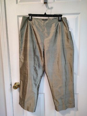 New Sigrid Olsen Crop Pants Womens Size 14 Silk Beaded Metallic Olive Green