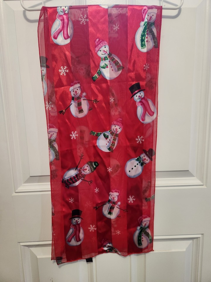 Christmas Scarf BRIGHT RED Snowmen Snowman Tree Snowflake Polyester 12 christmas-scarf-bright-red-snowmen-snowman-tree-snowflake-polyester-12