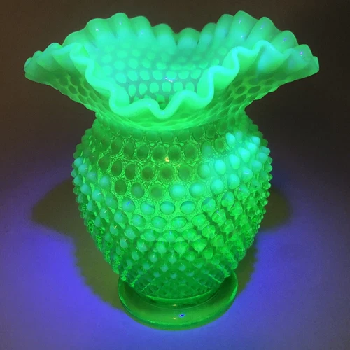Vintage Fenton Green Uranium Vase Hobnail Opalescent Ruffled Edge RARE 6"