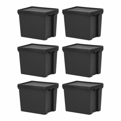 [6er Set] 24L Schwarz Schwerlast Aufbewahrungsbox mit Deckel Recycling Kunststoff Behälter