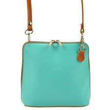 Brand New Vera Pelle 100% Italian Leather Mini Crossbody Handbag Teal & Tan