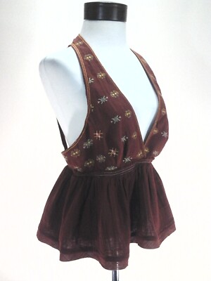 FREE PEOPLE Tank Halter Top Embroidered Floral Rust Red Cotton Boho L $88 New