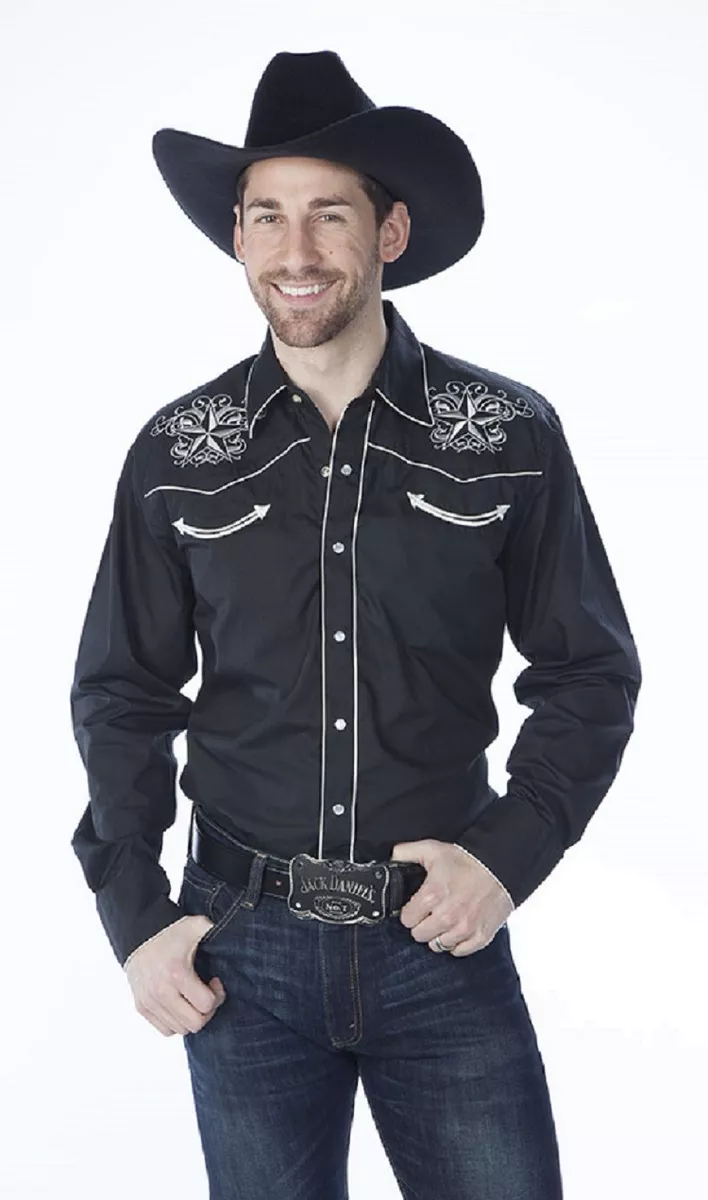 Mens Cowboy Shirt Black Western Rockabilly Embroidered Retro Star