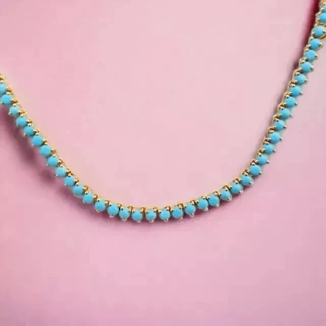 Collar de tenis turquesa de corte redondo de 3 mm enchapado en oro amarillo de 14 K de 18 pulgadas Foto 2 de 4