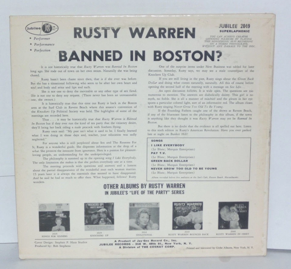 RUSTY WARREN Banned In Boston LP 1963 Jubilee Records Stand Up Comedy Vinyl Foto 3 de 3
