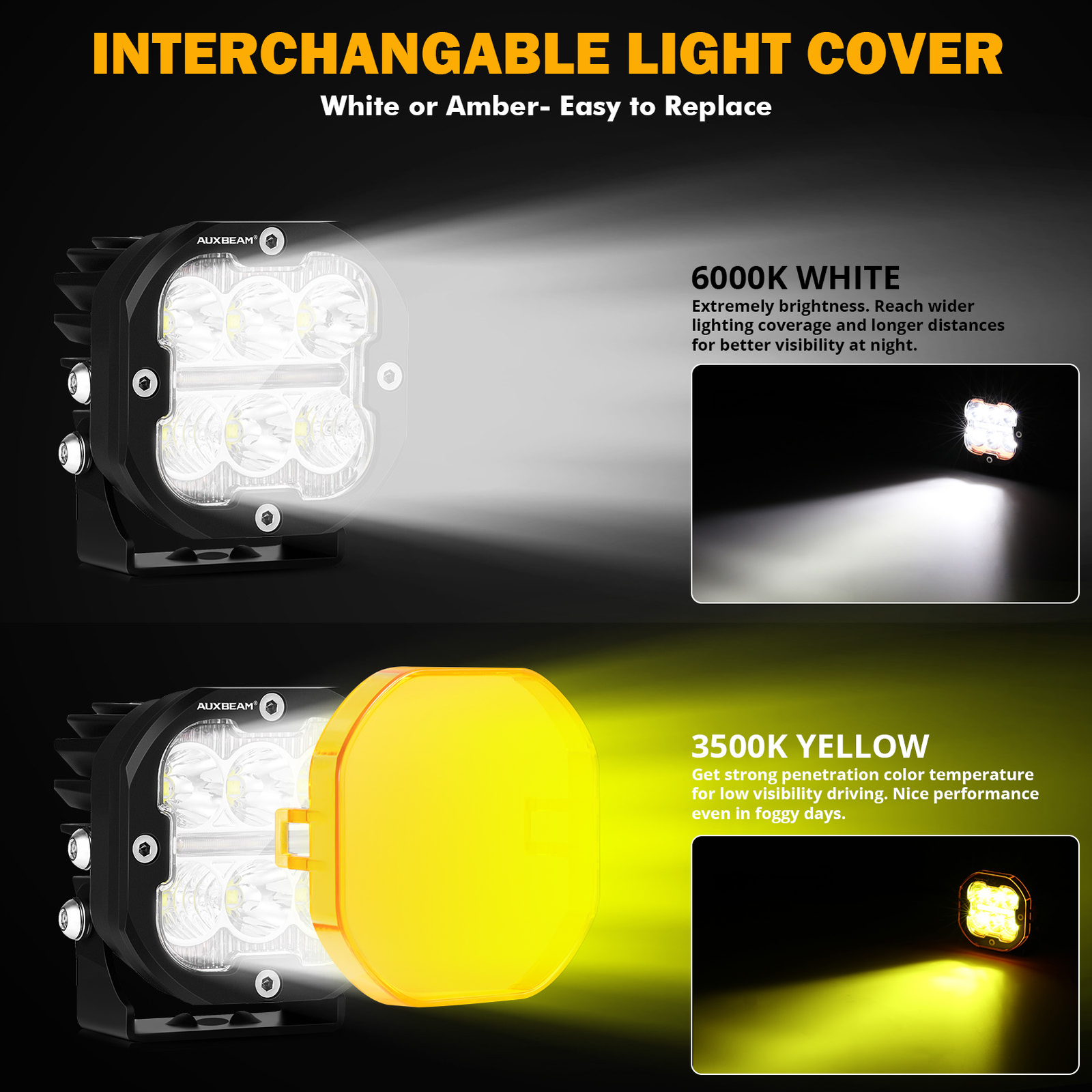 AUXBEAM 3" LED Work Light Bar Spot Pods Driving Fog Lamp DRL & Amber ...