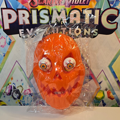 Orange Pumpkin Scary Face Halloween Mask w/ Bulging Eyes, Plastic, Black/White