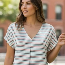 LOFT Top Striped V Neck Tee Medium Shirt Oversized 100% Rayon Short Sleeve NWT