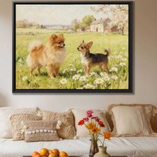 Floral Dog Canvas Print Pomeranian Chihuahua Artwork for Living Room Decor