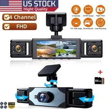 Dash Cam 4 Channel 360° Front Rear Inside Dash Cam 1080P Car Camera + 64G Card