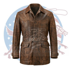 Mens Distressed Brown Leather Trench Coat Long Vintage Western Cowboy Jacke