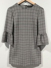 Zara Women’s Mini Shift Dress Size Small Plaid 3/4 Bell Sleeve Black White Red