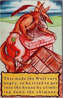 1959 THREE LITTLE PIGS Nursery Rhyme Postcard Wolf Climbing Down the Chimney #10