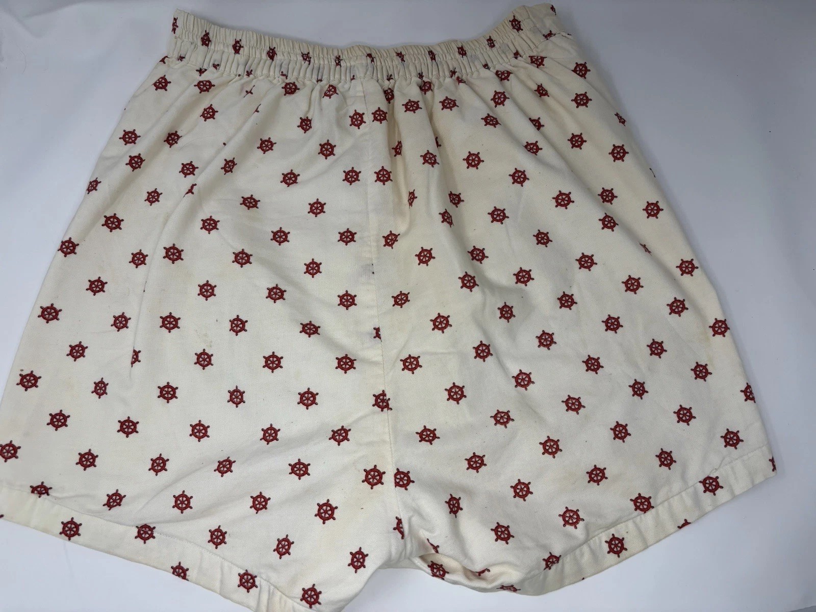 1950s Red Ivory Swim Trunks Bathing Suit Nautical Boat Wheel Cotton Shorts Med