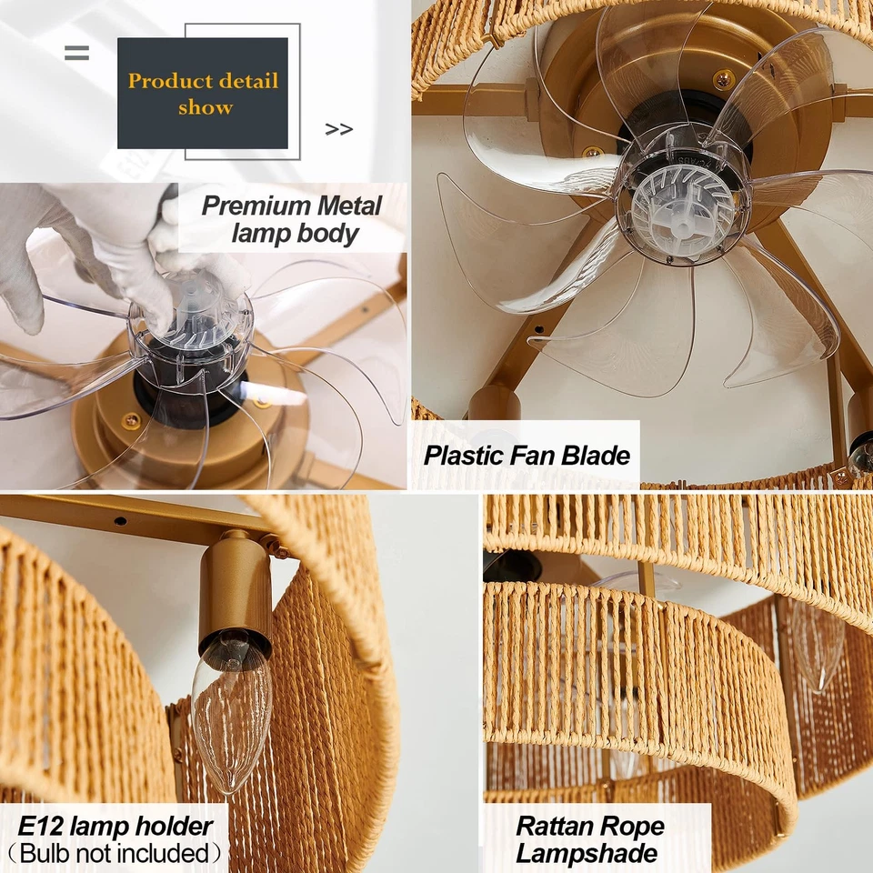 Boho Ceiling Fan with Light Rattan Flush Mount Ceiling Fans with Remote Contr... - Image 3 of 4