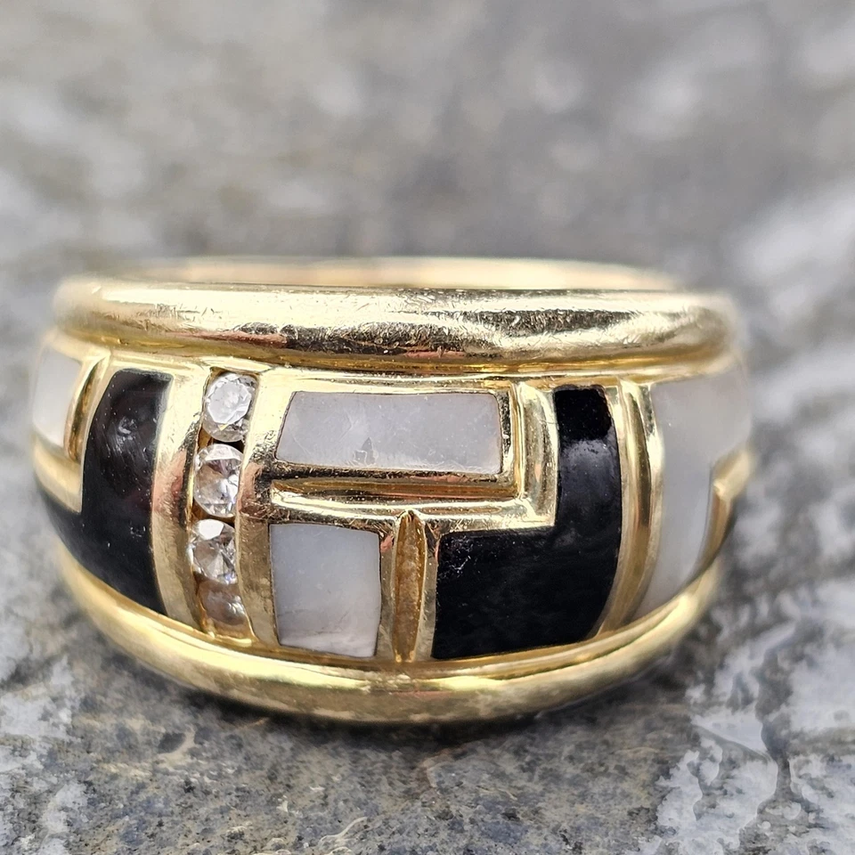 Asch Grossbardt Band Ring Onyx Mother Pearl MOP Diamond 9.7g sz 6.75 - Image 2 of 4
