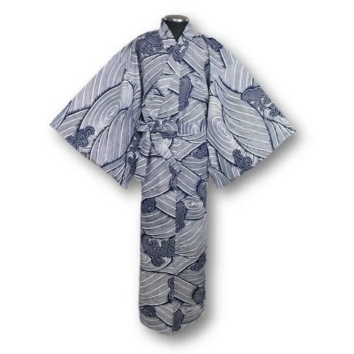 Japanese MEN'S KIMONO YUKATA OBI SET WAVE GRAY SIZE NEW EXL (64)