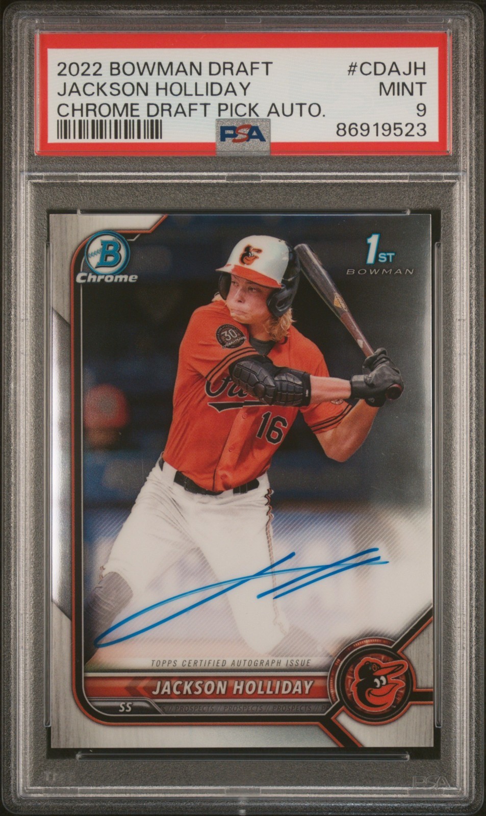 2022 Bowman Draft #CDA-JH Jackson Holliday 1st Chrome Prospect Auto PSA MINT 9