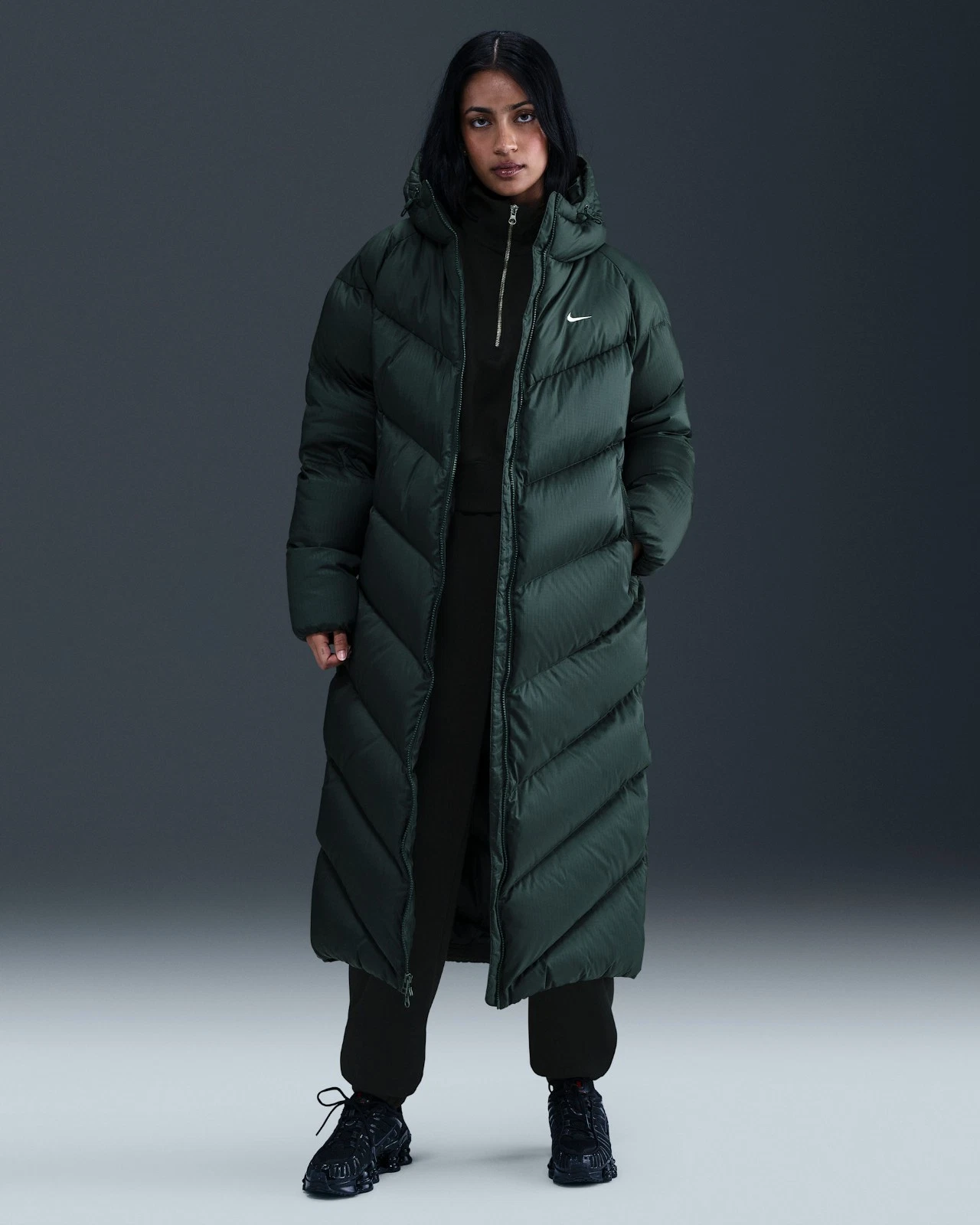 $375 Size L Nike Sportswear Windpuffer Storm-FIT Long Hooded Down Jacket Seaweed