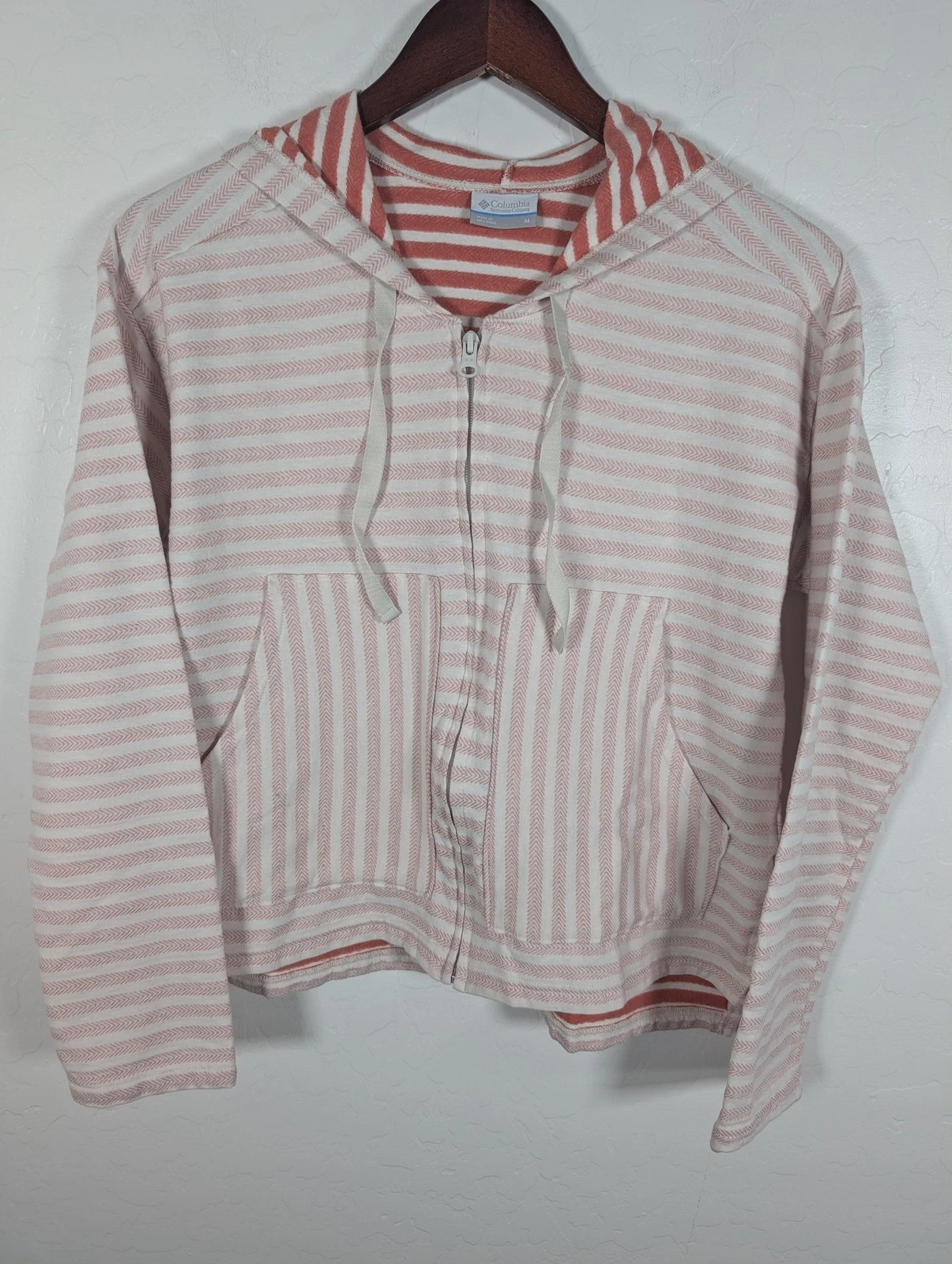 Columbia Hoodie Womens Medium Pink White Striped Full Zip Cotton Blend Jacket