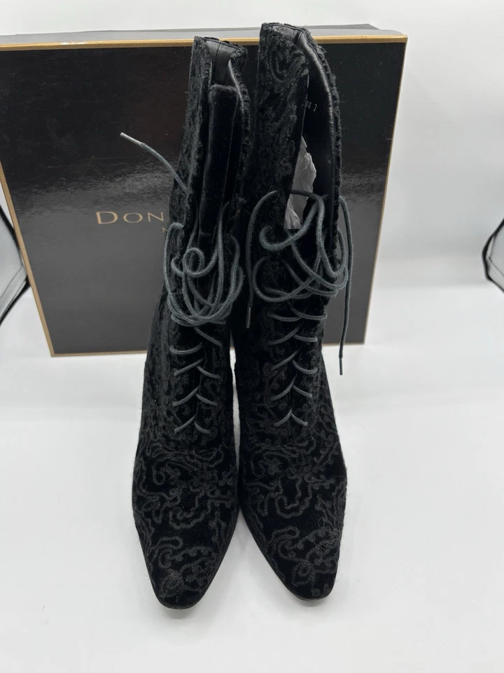 Vintage Velvet Embroidery Donna Karan Lace Up Victorian Heel Black Size 7 - Image 3 of 4