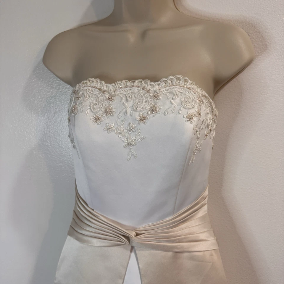 NEW David's Bridal Wedding Dress Michaelangelo Sz 6 Satin Beaded Train White - Image 2 of 4