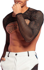 WDIRARA Men'S Fishnet Sheer Mesh Long Sleeve T-Shirt Crop Top Slim Fit Party Tee