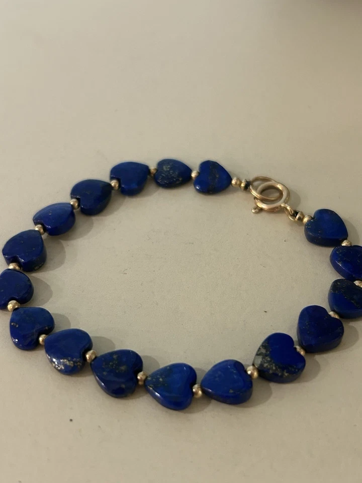 Винтажный браслет в форме сердца с лазуритом и золотым бисером 14 карат 7,5 дюйма ЧИТАЙТЕ - Изображение 2 из 4