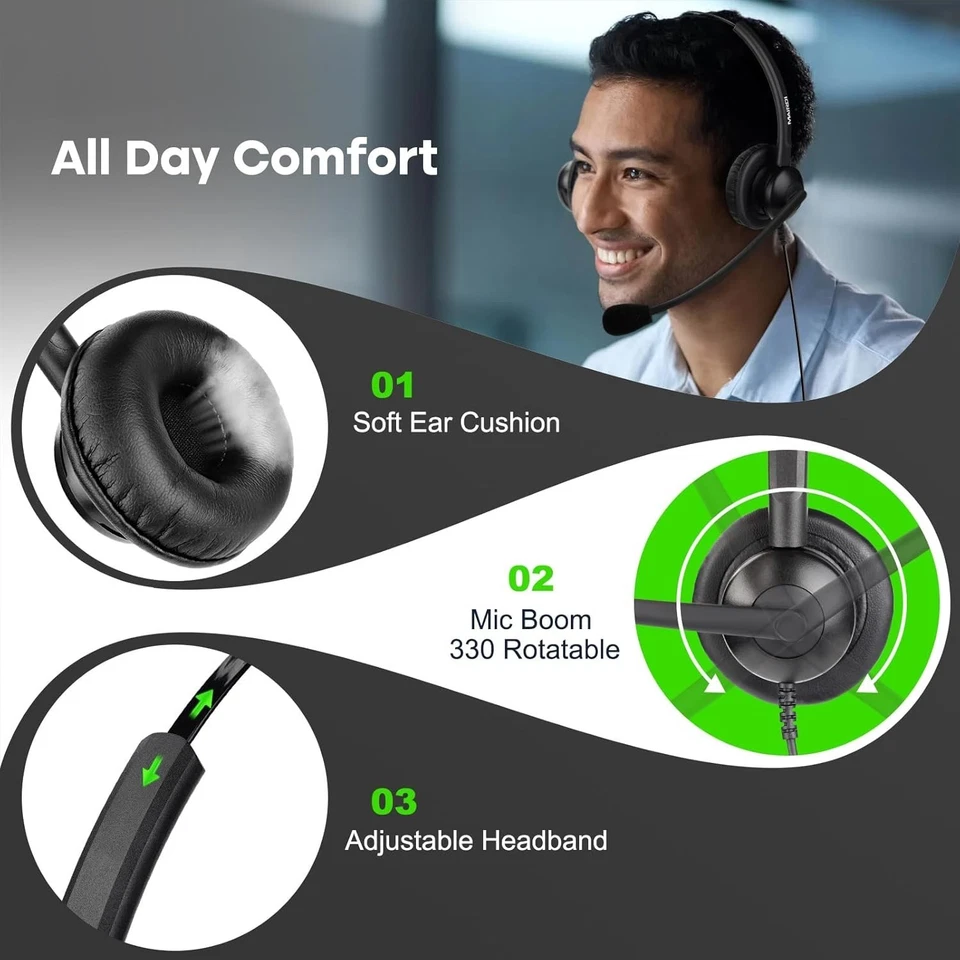 Call Center Headset with 2.5mm & 3.5mm Connector for Deskphone Cell Phone PC - Image 3 of 4