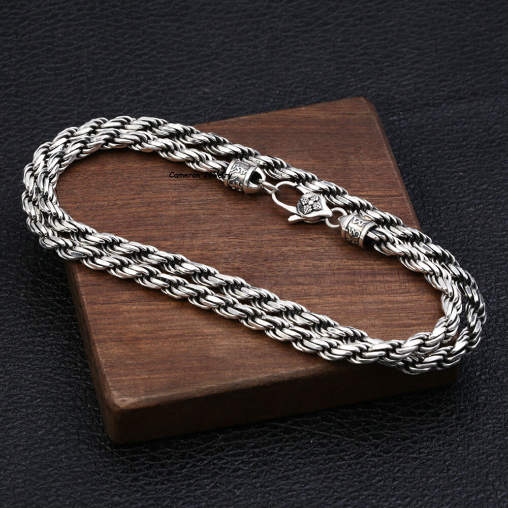 Pure S925 Sterling Silver Chain Men 5.5mm Twist Rope Link Necklace