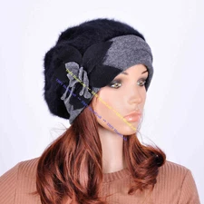 M32 Cute Flower Faux Rabbit Fur & Wool Women Winter Hat Beanie Cap BLACK-TOP
