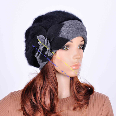 M32 Cute Flower Faux Rabbit Fur Wool Women Winter Hat Beanie Cap  BLACK-TOP