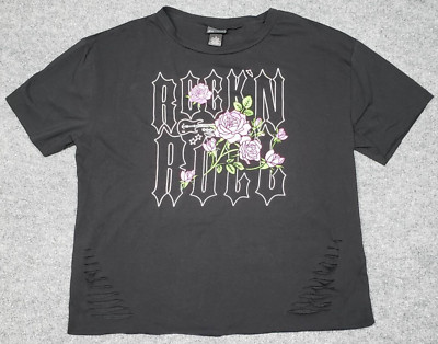Rue21 T-Shirt Womens Plus 1X Black Rock N Roll Graphic Floral Side Slits New