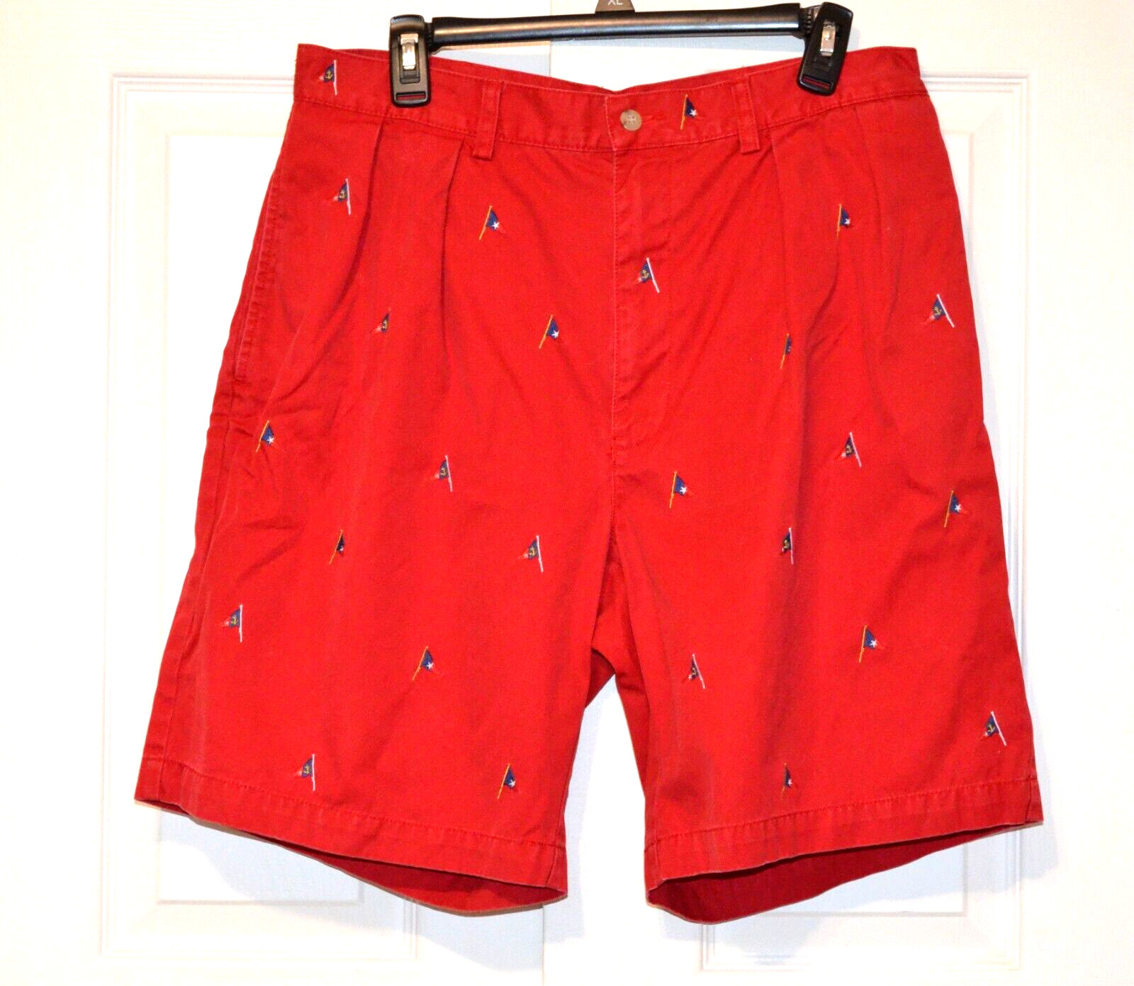 Vintage Polo Ralph Lauren Tyler Shorts Mens 34 Red w/Embroidered Flags Pleated