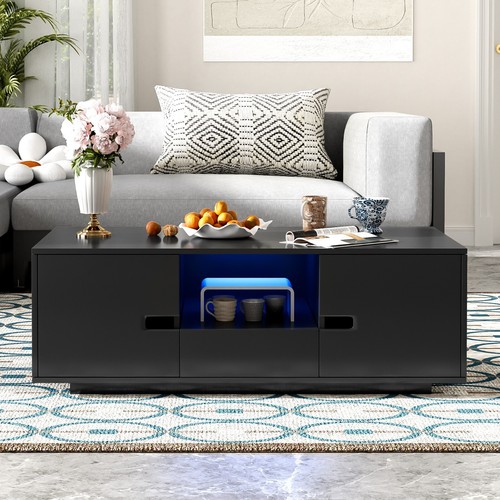 Modern Rectangle Coffee Table Center Table With Storage Drawers Doors LED Lights - Picture 44 of 44