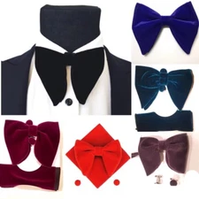 Mens Oversized Bow Tie Velvet Bowtie Cufflinks Hankie Sets Men's Big Bow Tie New
