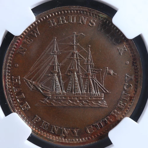 NB-1B NGC MS-62BN Halfpenny token 1854 Canada New Brunswick Ship Breton 912