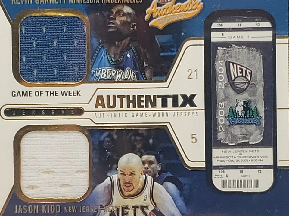 Camiseta deportiva Fleer Skybox 2003-04 troquelada Authentix doble juego usada K. Garnett J. Kidd Foto 3 de 4