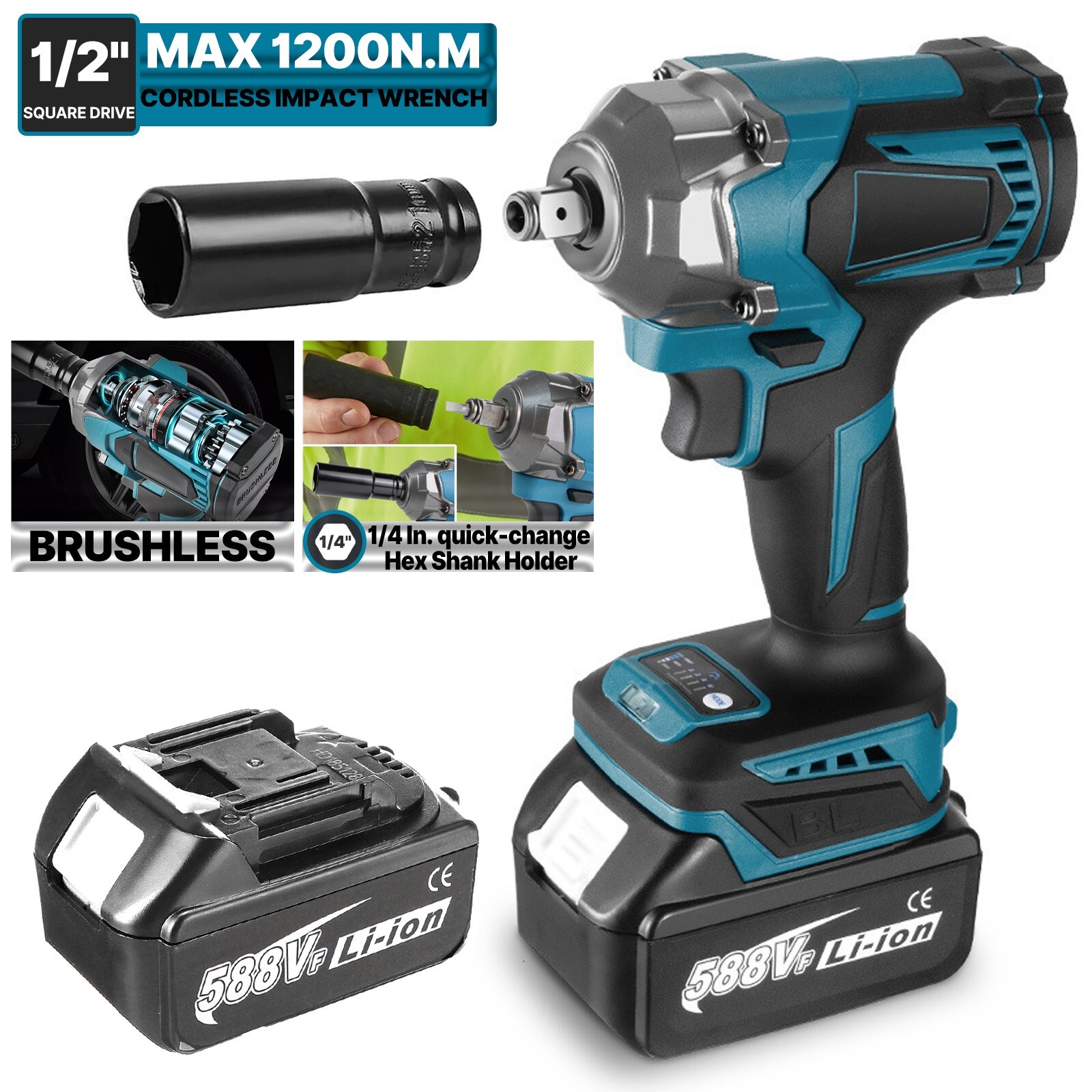 Brushless Cordless 1/2" High Torque Electric Impact Wrench Drill 1200Nm 2Battery