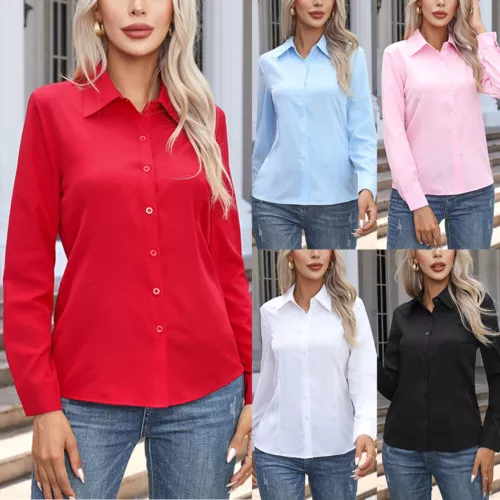 Damen Button Down Shirt Top Bluse Langarm Kragen Einfarbig Büro Arbeit Kleid - Bild 2 von 29