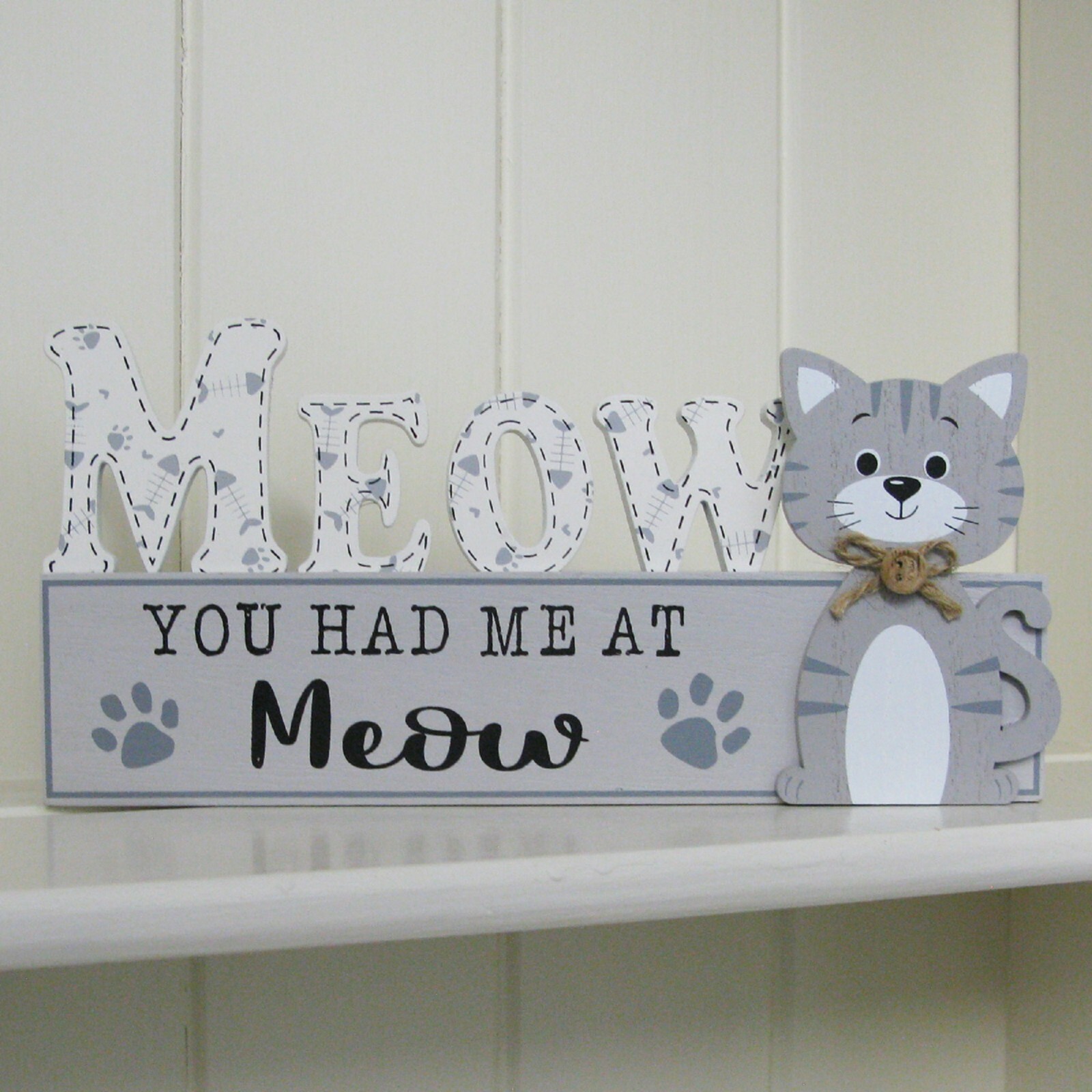 Cat Plaque Meow You Had Me At Meow Sign Free Standing Block Crazy Cat Lady Grey