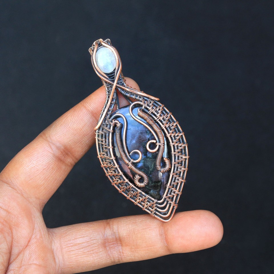 Pure Copper Pendant Indigo Gabbro Jasper Wire Wrap Gemstone Jewelry