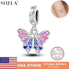 MULA 925 Sterling Silver Charm Pink AAA CZ Enamel Butterfly Pendant fit Bracelet