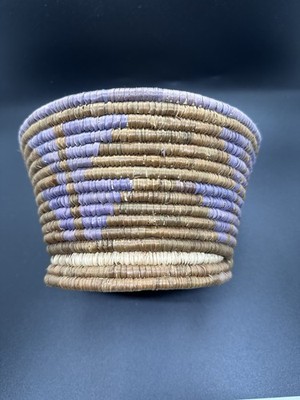 Vintage Hand Woven Coiled Basket Brown with Purple Pattern 7  Diameter 3.5  Deep