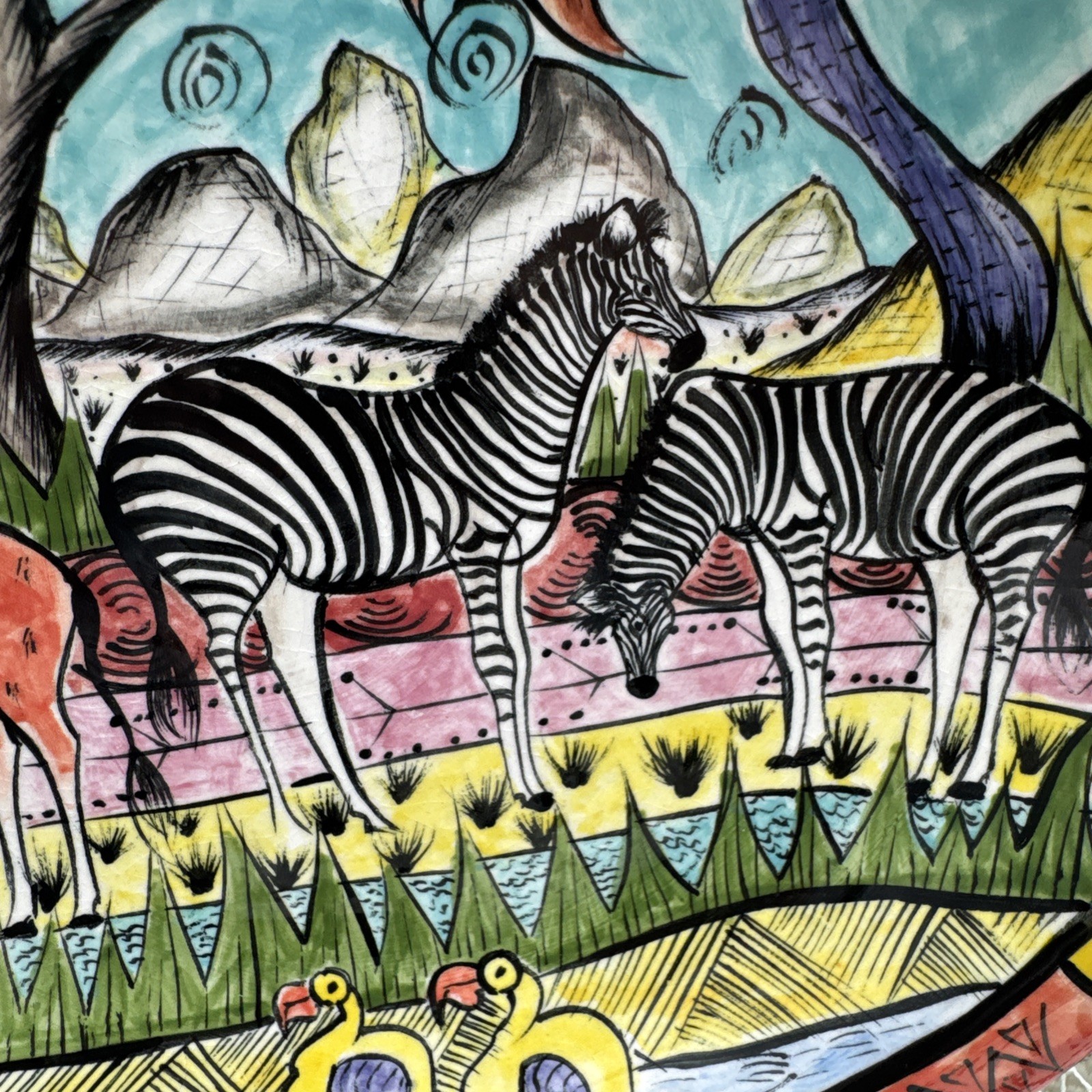 Penzo Zimbabwe Bowl 1999 Hand painted African Art Pottery 9.5” Safari READ More