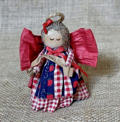 Vintage Handmade Peg Doll Figurine Rustic Angel In Plaid Apple Dress Primitive