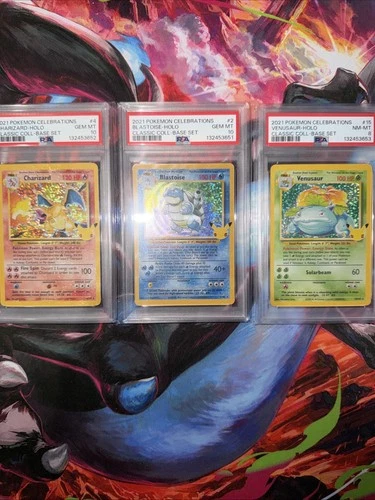 PSA 10 Charizard & Blastoise + PSA 8 Venusaur – 2021 Celebrations Base Set Trio