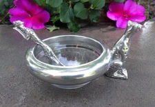 Silver and Glass CHEETAH Open Salt Dip, Cellar, Dish w/Matching Spoon!